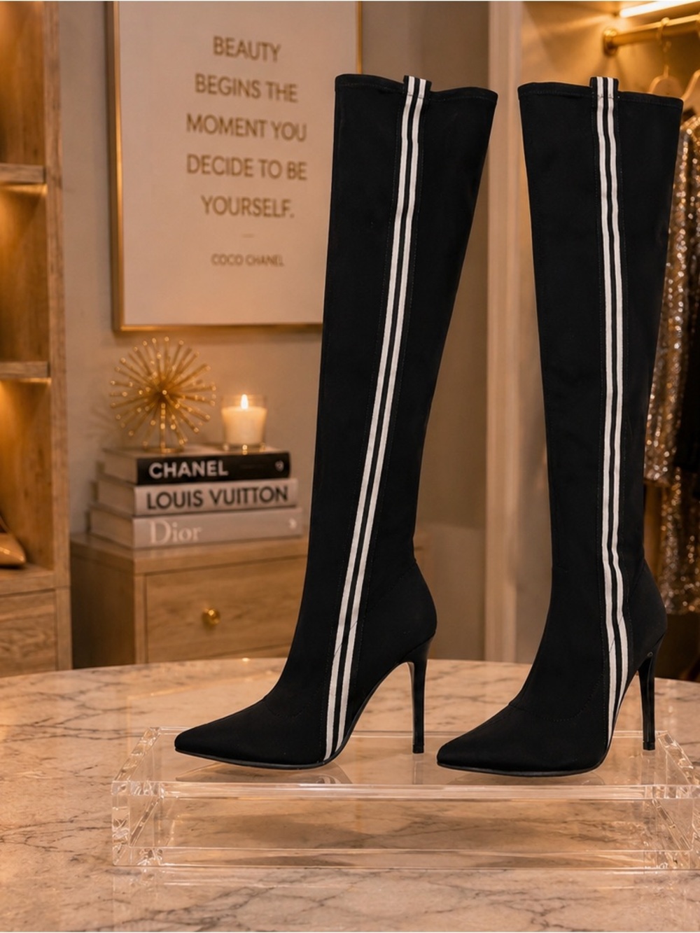 Bella LumaWomen’s Thigh High Stiletto Boots Black Stripe Sz 8 - Picture 3 of 13